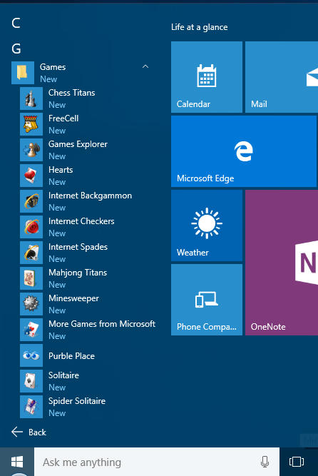 Windows Purble Place on Windows 10 program menu